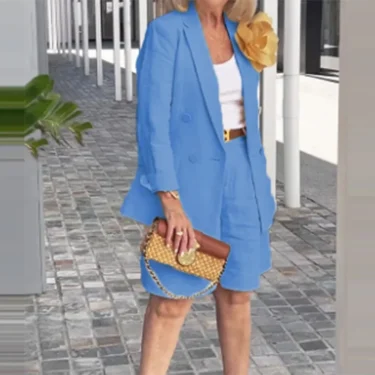 Summer New Solid Color Long Sleeve Shorts For Women's Suit Set Stylish Cardigan Female Office Suit 2 Piece Set 3