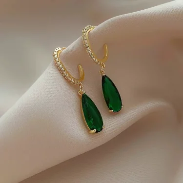 Huitan Pear Green Earrings for Women Temperament Gold Color Ear Hanging Earrings Office Lady's Luxury Trendy Jewelry 3
