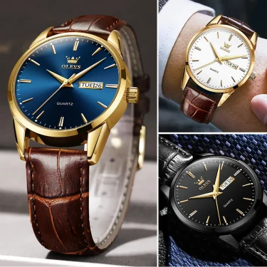 OLVES Top Brand Men's Watches Original Simple Blue Face Quartz Wristwatch for Man Waterproof Leather Strap Business Watch Casual 5
