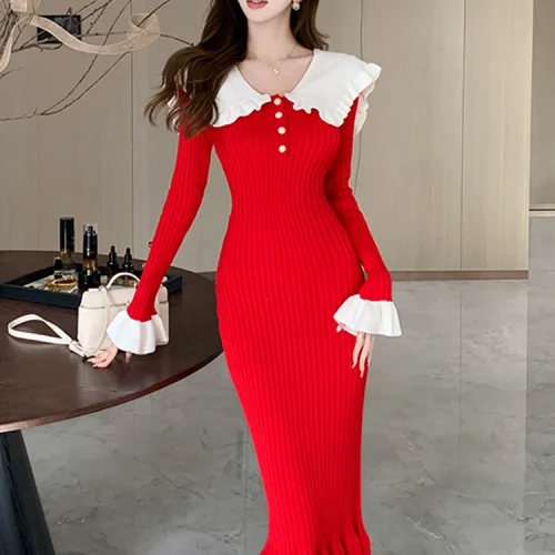 H Han Queen High Waist Ruffled Maxi Dresses For Women Autumn Winter Knitted Long Dress Elastic Bodycon Vintage Dress Woman Retro 1