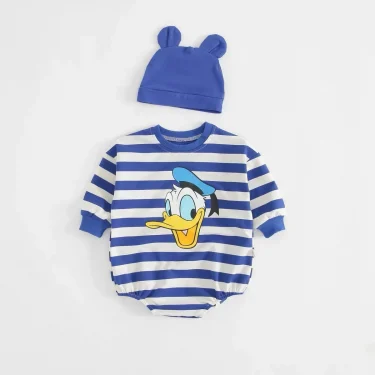 Striped Bodysuit +Knitted Hat Newborn Clothes New Cartoon Print Long Sleeve Jumpsuits Baby Cute Fashion Triangle Pants Rompers 4