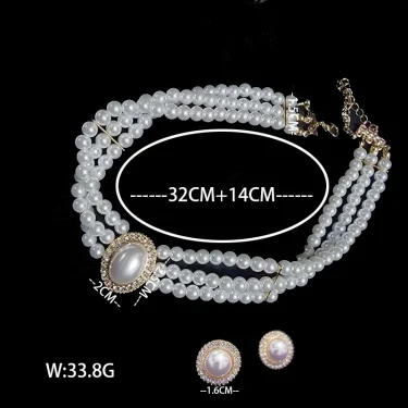 KMVEXO Vintage Palace Multilayer Pearl Choker Necklace Earrings Sets for Women Oval Crystal Rhinestone Wedding Bride Jewelry Set 2