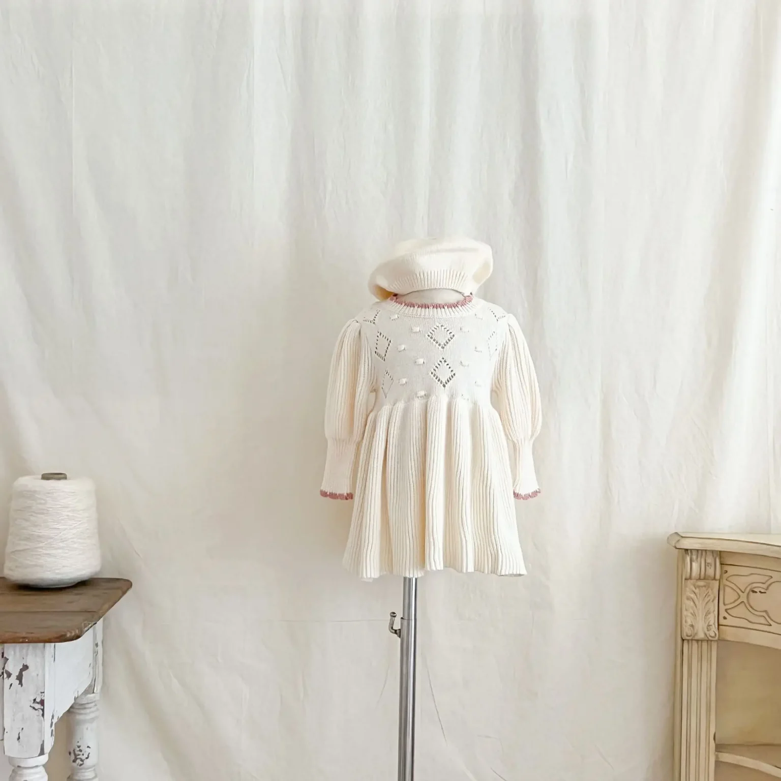 Korean Autumn Winter Baby Girls Dress Cotton Knittted Lantern Sleeve Ruched Princess Toddler Girls Dress Kids Girls Knitwears 4
