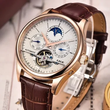 LIGE Men Watches Automatic Mechanical Watch Tourbillon Clock Genuine Leather Waterproof Watch Men Military Wristwatch Man 4