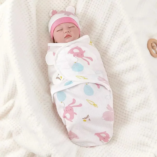 Baby Blanket Hat Set Cartoon Printed Cotton Newborn Swaddle Adjustable Infant Sleeping Swaddle Wraps All Seasons 0-6 Months 1