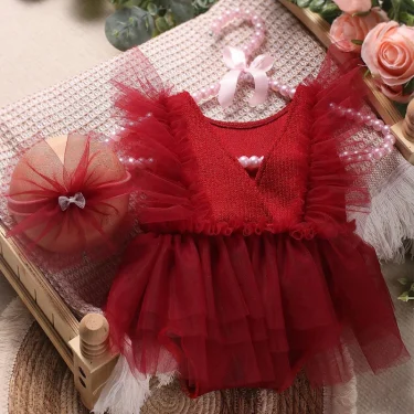 Ylsteed Violet Newborn Outfit for Pictures Knitted Infant Photography Romper with Matching Headbands Mesh Dress Portrait Props 5
