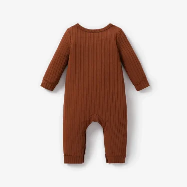 PatPat Baby Boy/Girl Solid Ribbed Long-sleeve Jumpsuit with Pocket Soft and Comfortable Perfect for Outings Basic Style 2