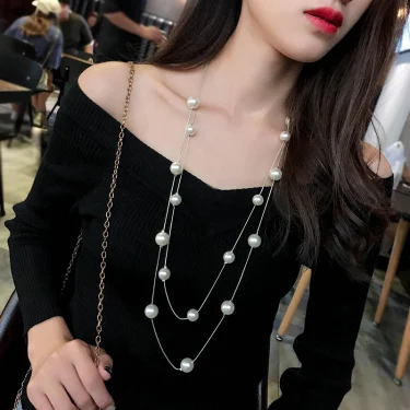 FSUNION 2025 New Long Double Layer Simulated Pearl Necklace Women Sweater Chain Female Collares Statement Jewlery Gifts 3