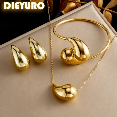 DIEYURO 316L Stainless Steel Golden Droplet Shape Necklace Bracelet Earrings Suit Women 2024 New Trend Non-fading Jewelry Set 1