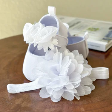 2pcs Baby Girls Flat Shoes With Flower Decor Princess Crib Shoes First Walker Shoes & Headband For Newborn Infant 5