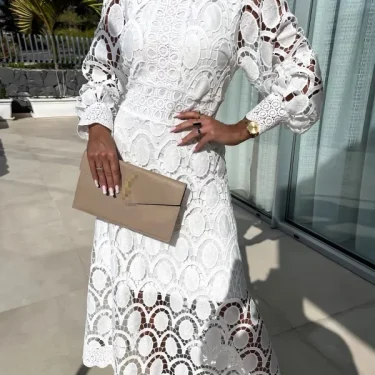 Spring New French Lace Standing Neck Bubble Sleeves Wrapped Waist for Slimming Dress, Elegant European and American Long Dress 6