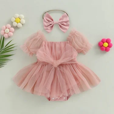 0-24M Infant Baby Girl Romper Dress Solid Color Short Sleeve Front Bowknot Tulle Jumpsuit Headband Baby Girl Summer Clothes 2