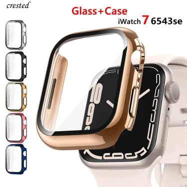 Glass+cover For Apple Watch Case 44mm 40mm 45mm 41mm 42mm 38mm Accessories Plated Screen Protector iWatch series 9 8 6 5 3 se 7 1