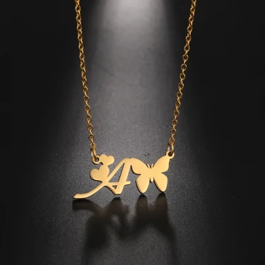 New Fashion 26 Initials Letter Pendant Butterfly Necklace for Women Elegant Stainless Steel Gold Color Necklace Jewelry Gift 1