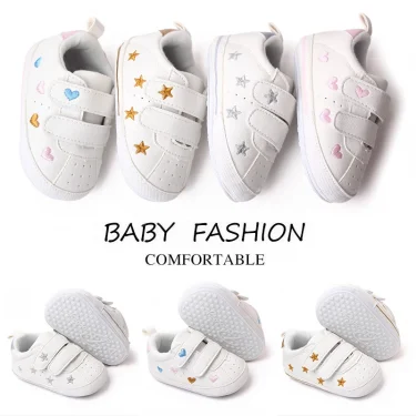 Baby White PU Sneaker Non-slip for Toddler Boys and Girls Cute Embroidery Stars and Hearts 1