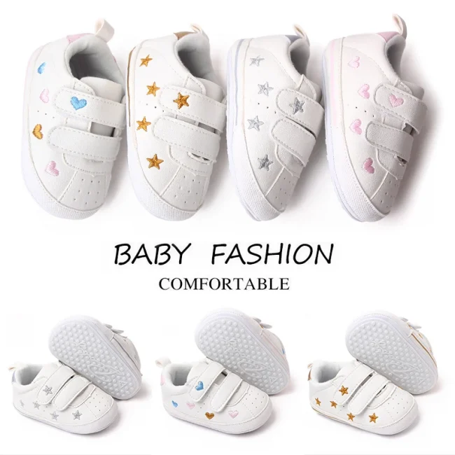 Baby White PU Sneaker Non-slip for Toddler Boys and Girls Cute Embroidery Stars and Hearts 1
