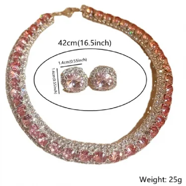 FYUAN Luxury Crystal Necklace Earrings Set Pink ABcolourful Necklace for Women Weddings Party Jewelry Sets Accessories 6