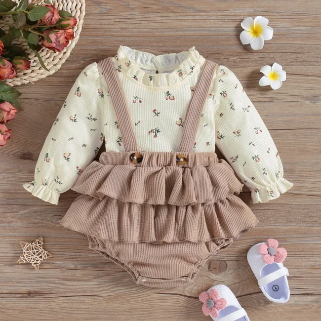 2Pc Kids Baby Gilr Summer/ Spring Long Sleeve Printing Floral Bohemian Suspenders Suit 2