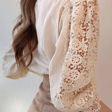 Women Chiffon Button Turtleneck Shirt Chic Elegant Floral Lace Fluffy Long Sleeve Top Fashion Hollow Oversize White Blouse 2024 3