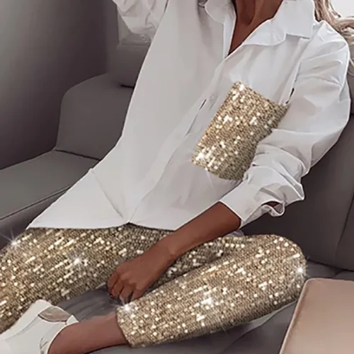 Women Sequin Long Sleeve Shirt & Glitter Shiny Pant Sets 1