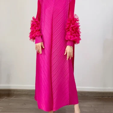 GVUW Women‘s New Pleated Dresses Round Collar Solid Color Appliques Loose Long Sleeve 2025 Spring Female Fashion Clothes 17J0207 3