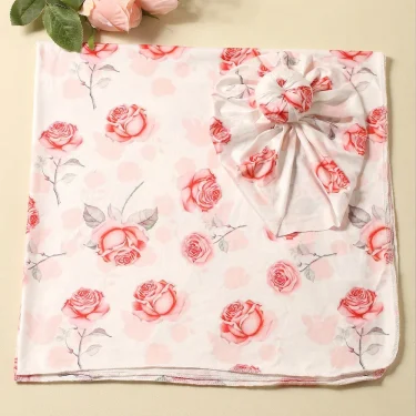 Ylsteed Rose Flower Print Newborn Photography Wrap with Turban Hat Infant Photo Shooting Outfits Baby Receiving Swaddle Blanket 3