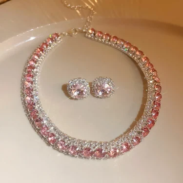 FYUAN Luxury Crystal Necklace Earrings Set Pink ABcolourful Necklace for Women Weddings Party Jewelry Sets Accessories 3