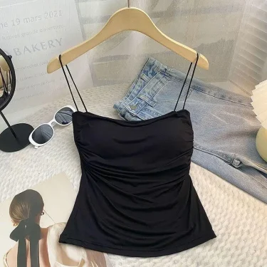 Summer Camisoles Tank Tops Women With Built In Bra Spaghetti Strap Tanks Vest Sleeveless Tees Cropped Top Solid Color Casual Top 2