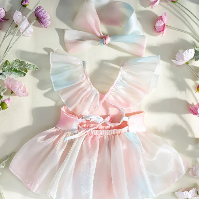 Ylsteed Newborn Girl Photography Props Rainbow Baby Girl Gradient Color Romper for Photo Shoot Pleated Skirt Matching Headband 2
