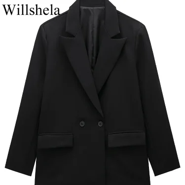 Willshela Women Fashion With Pockets Solid Double Breasted Blazer Vintage Long Sleeves Notched Neck Female Office Lady Outfits 4