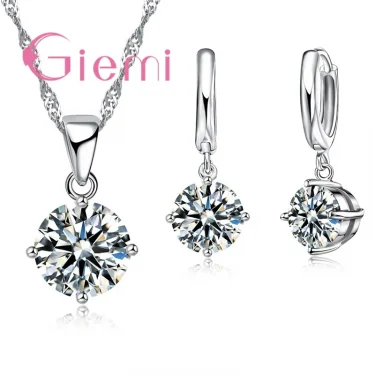 925 Sterling Silver Pendant Necklace Earrings For Women Engagement Fashion Jewelry Set Trendy Austrian Crystal Wholesale 2