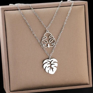 Stainless Steel Necklaces Tropical Plant Classic Big Leaves Pendant Sweater Chain Fashion Necklace For Women Jewelry Friend Gift 4