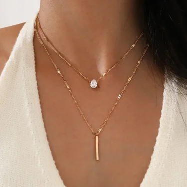 Fashion Multi-layer Necklace For Women Simple Crystal Water Drop Pendant Gold Silver Color Chain Choker Trend Jewelry 1