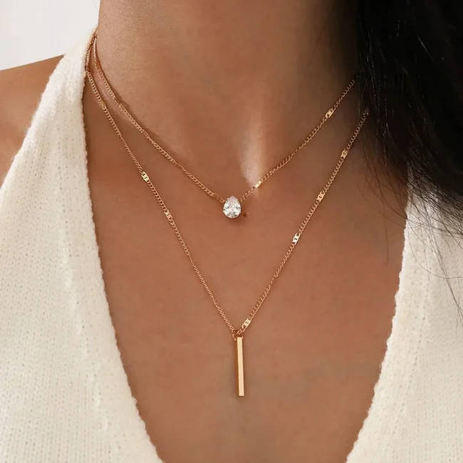 Fashion Multi-layer Necklace For Women Simple Crystal Water Drop Pendant Gold Silver Color Chain Choker Trend Jewelry 1
