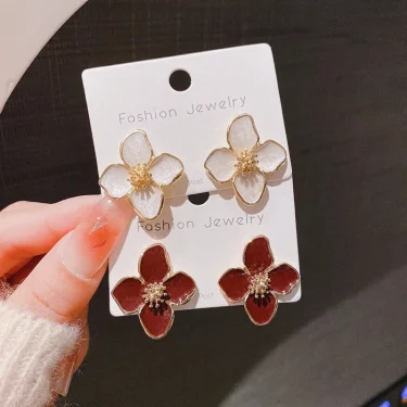 Hibiscus Dropped Glaze Flower Stud Earrings for Women Girl French Ins Vintage 2024 Fashion Korean Wedding Romantic Jewelry Gifts 2