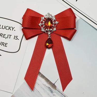 i-Remiel Fashion Red Ribbon Bow Brooch Rhinestone Crystal Fabric Cloth Art Luxury Wedding Dress Pins And Brooches Gift For Women 2