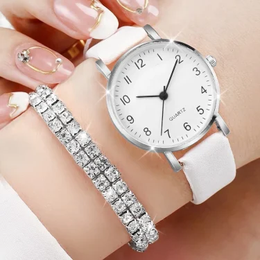 Women Small Dial Digital Wristwatch Ladies Simple Leather Strap Quartz Watch with Rhinestones Jewelry Gift Set No Box 2