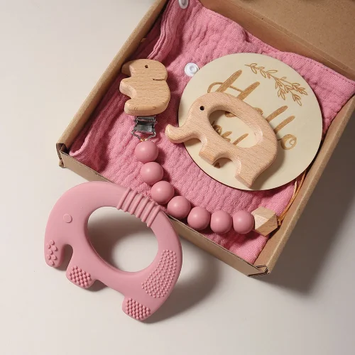 Baby bibs Gift Set With flamingo Teething Pacifier Chain Rattle wool brush New Born Baby Teether Set 1