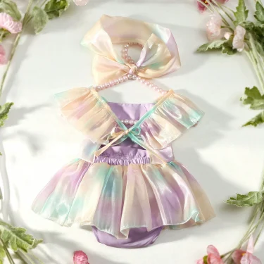 Ylsteed Newborn Girl Photography Props Rainbow Baby Girl Gradient Color Romper for Photo Shoot Pleated Skirt Matching Headband 5