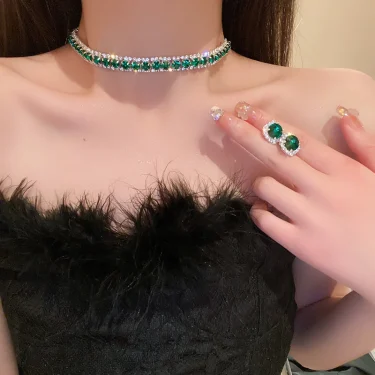 FYUAN Luxury Necklace Earrings Sets Green Crystal Necklace Women Weddings Bride Jewelry Accessories 2
