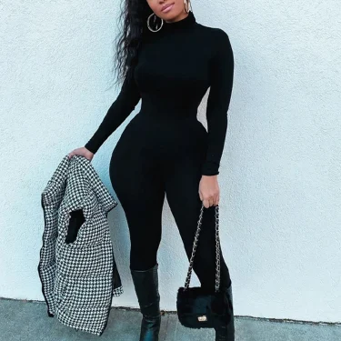 Hugcitar 2024 Fall Long Sleeve Solid Turtleneck Sexy Skinny Bodycon Jumpsuit Women Fashion Streetwear Casual Romper Overalls 2