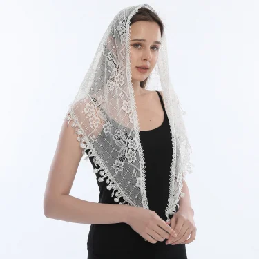 Fashion Church Shawl Lace Veil Polyester Scarf Bandana Church Prayer Wedding Mantilla Chapel White Embroidered Hijab Women Scarf 1