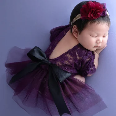 Ylsteed Purple Dusty Pink Newborn Lace Photography Outfits Big Bow Mesh Romper with Hairband Baby Girl Photography Clothes 2