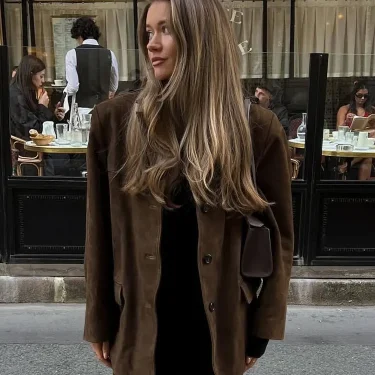 TRAFZA Trendy Suede Blazer For Women Autumn Causal Solid Color Single Breasted With Pockets Long Sleeves Lapel Retro Coats 2