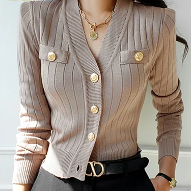 H Han Queen Korean Chic V-Neck Knitted Cardigan Sweater For Women Casual Basic Long Sleeve Cardigans Autumn Vintage Sweaters Top 1