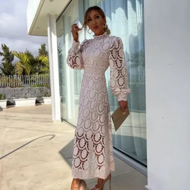 Spring New French Lace Standing Neck Bubble Sleeves Wrapped Waist for Slimming Dress, Elegant European and American Long Dress 2