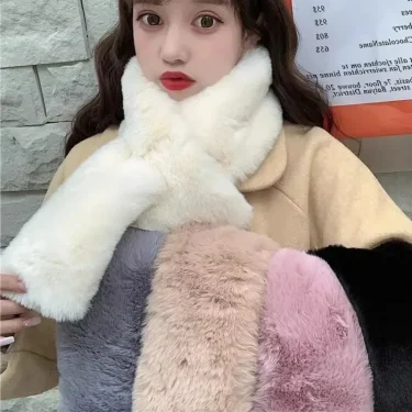 Winter Warm Thicken Scarfs for Women Solid Color Faux Rabbit Fur Plush Cross Collar Scarf Shawl Elegant Warm Soft Neck Scarf 2