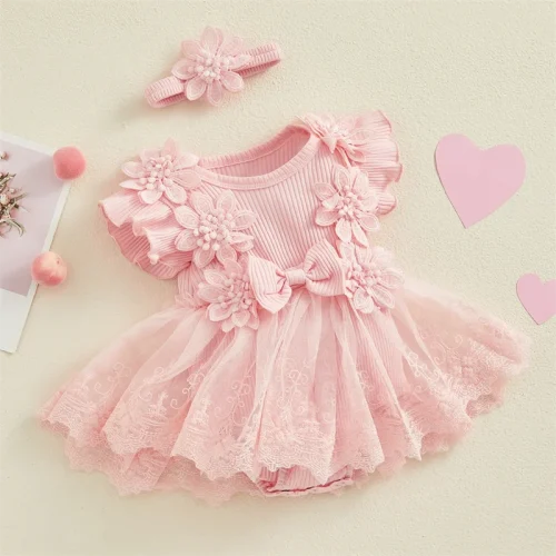 3D Flower Summer Baby Girls Romper Princess Mesh Newborn Clothes Lace Patchwork Ruffle Bodysuit Dress Headband Kids Clothing 1