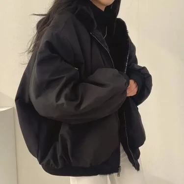Korean Version Thickened Reversible Wear Lamb Wool Padded Jacket,Autumn and Winter Solid Color Zip-up Hooded Padded Jacket Women 4