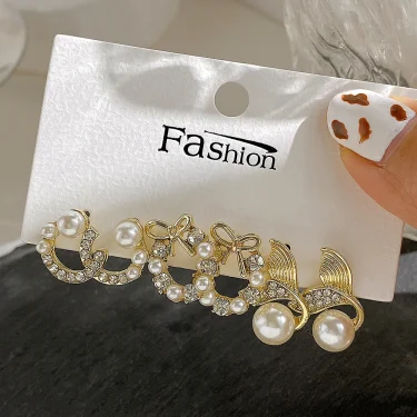 LATS Bow Fishtail Pearl Moon Earrings for Women Popular Gold Color Crystal Earrings Set Fashion Jewelry Accessories Gifts 5